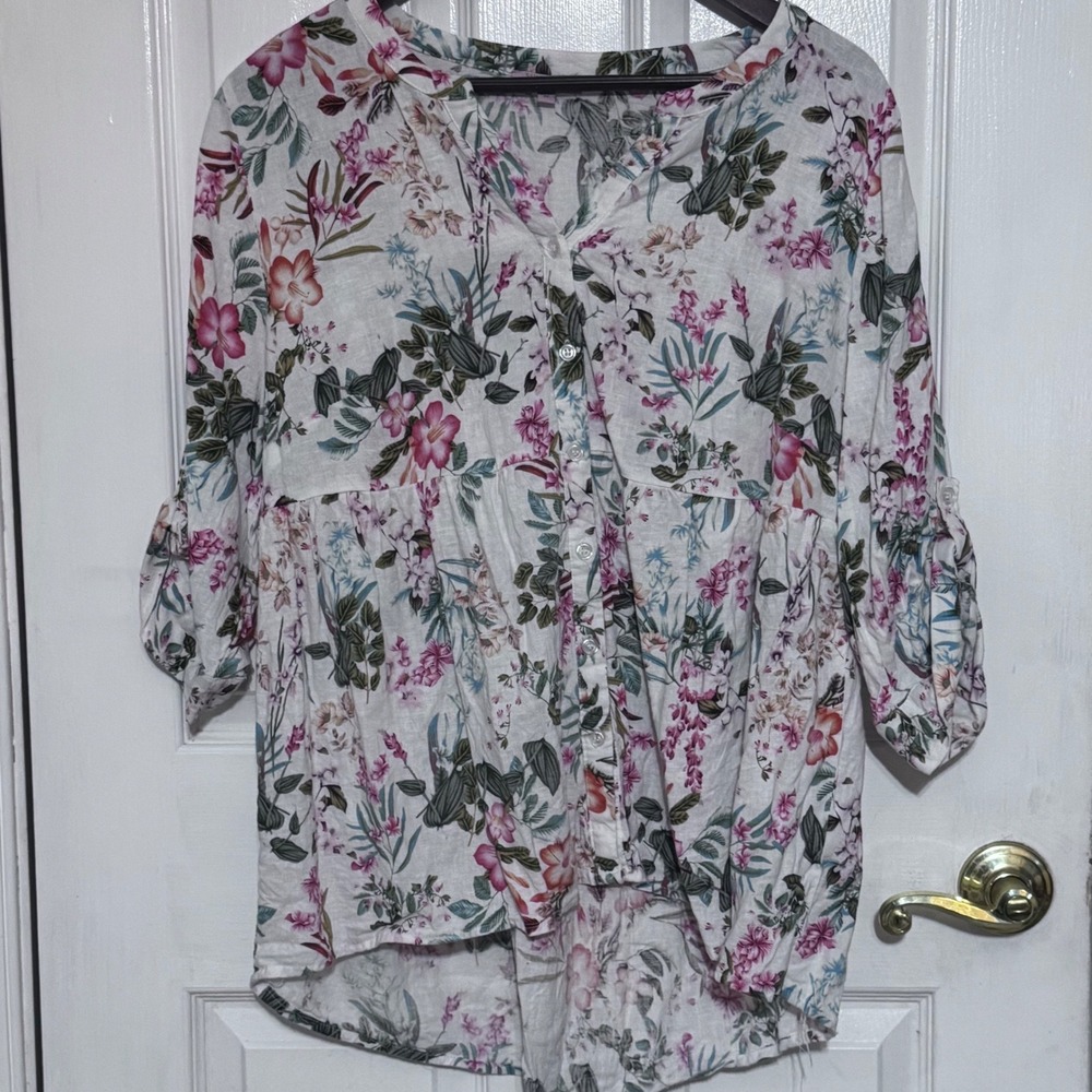 Saint Tropez West Floral Linen Blend Babydoll Top 1X Pink White Roll Tab Sleeve‎ - Picture 2 of 14